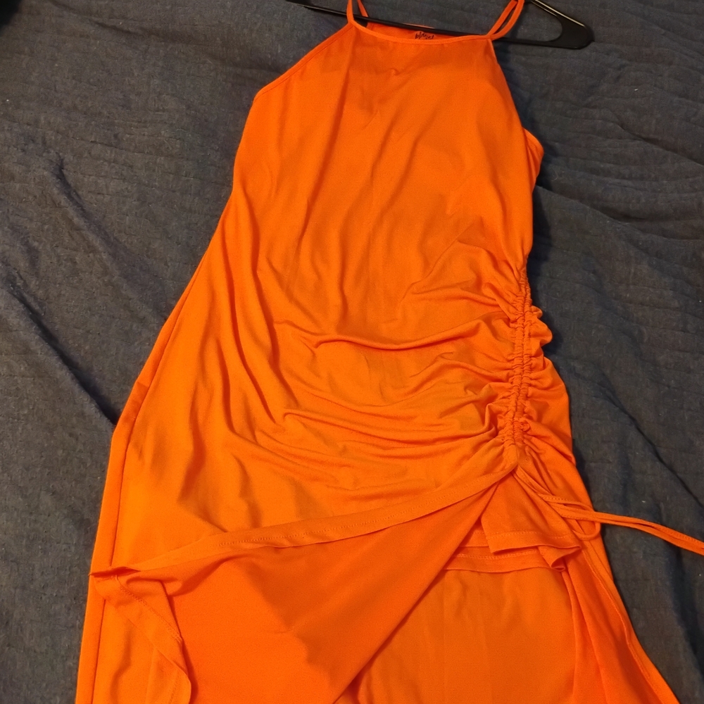 Planet Gold Bright Orange Asymmetrical Ruched Maxi Dress